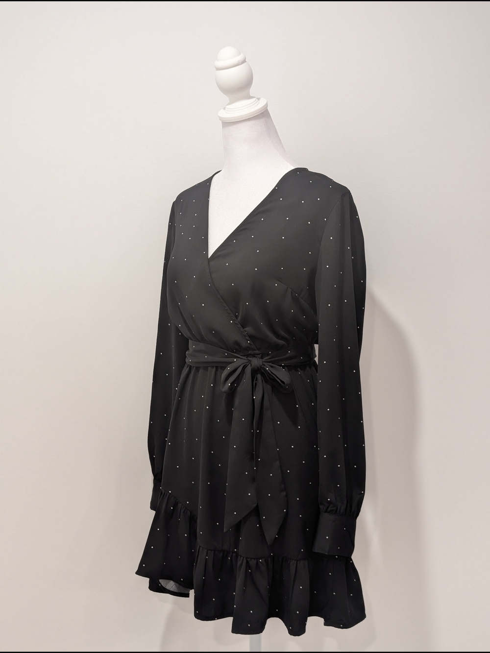 Dynamite Long Sleeve Mini Wrap Dress with Polka Dots - Black & White - Picture 2 of 14
